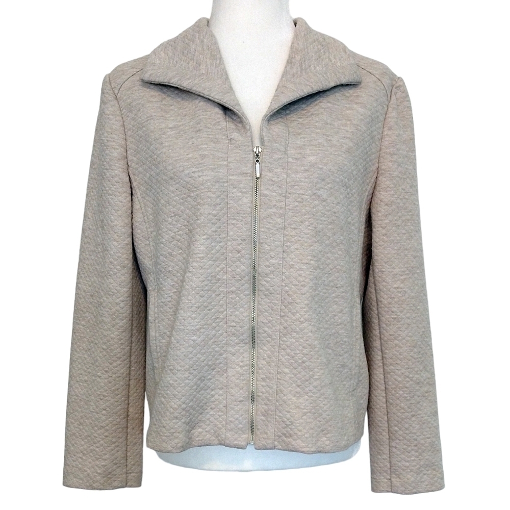 Chico's Oatmeal Lightweight Zip Jacket Geo Diamond Stitch Pockets Modern Neutral